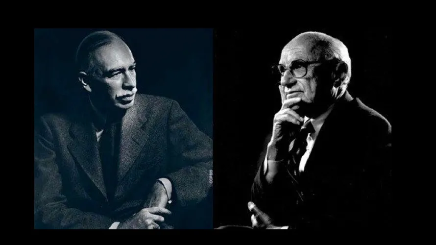 John Maynard Keynes (izquierda) y Milton Friedman (derecha), padres de las teorías económicas keynesianas y monetaristas, respectivamente.